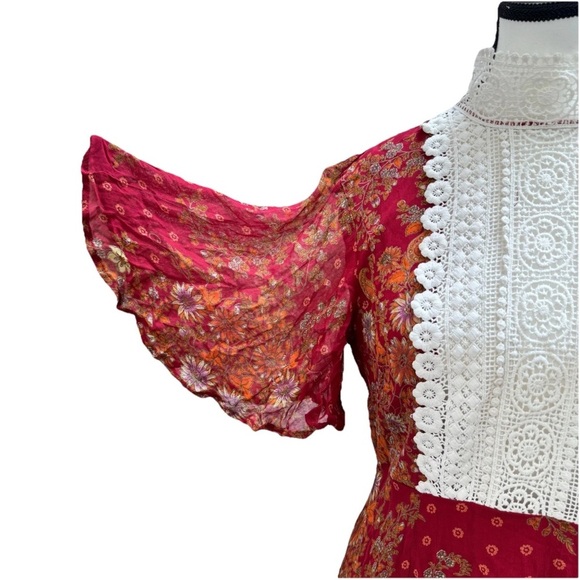 ASOS Mini Dress Floral Size 10 Crochet High Neck Open Back Red Orange Coquette - Picture 5 of 11